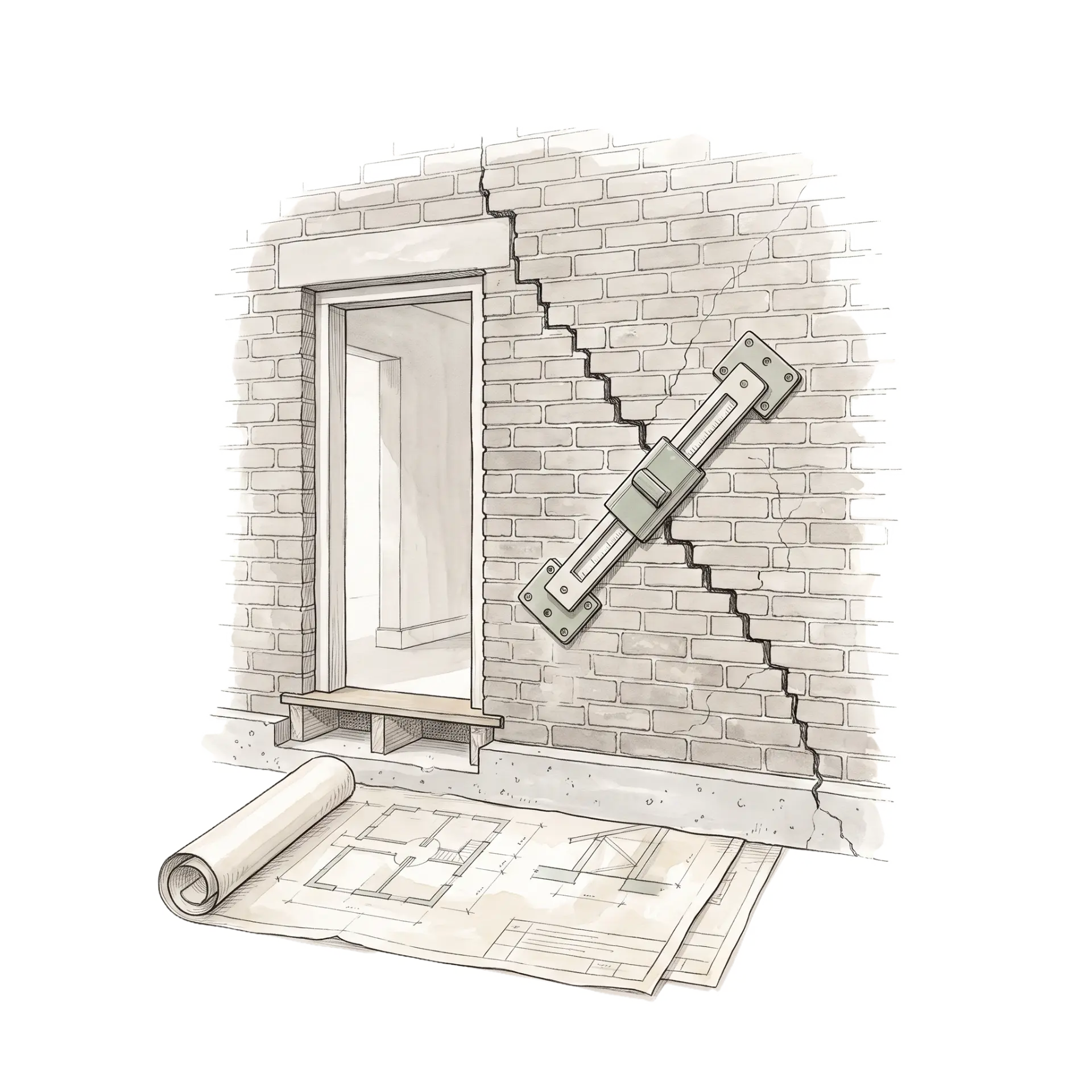 Sketch of a masonry wall with a stepped crack, a crack-monitoring gauge fixed across it and structural drawings unrolled on the floor