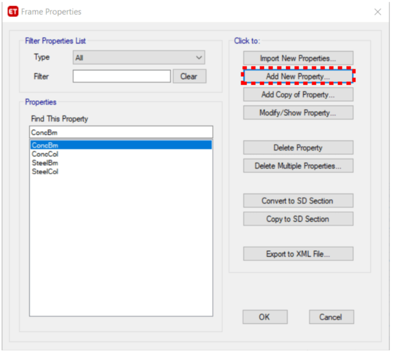 This image shows a screen capture of the ETABS user interface.  It is a show indicating how to navigate to define a frame section (add a new property)