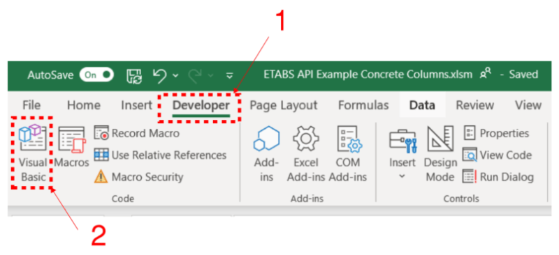 This image shows a screen grab of the Microsoft Excel software showing how to navigate to the VBA code editor (Developer>>Visual Basic)