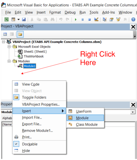 This image shows a screen grab from Microsoft excel indicating how to add a new module to the VBA editor.