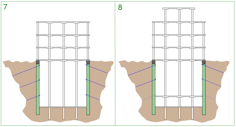 Stages 7 and 8 of top down construction for basements, basement excavation bottoms out at required level, then basement slab construction comments while tower floors continue to rise above ground level (cross section view).
