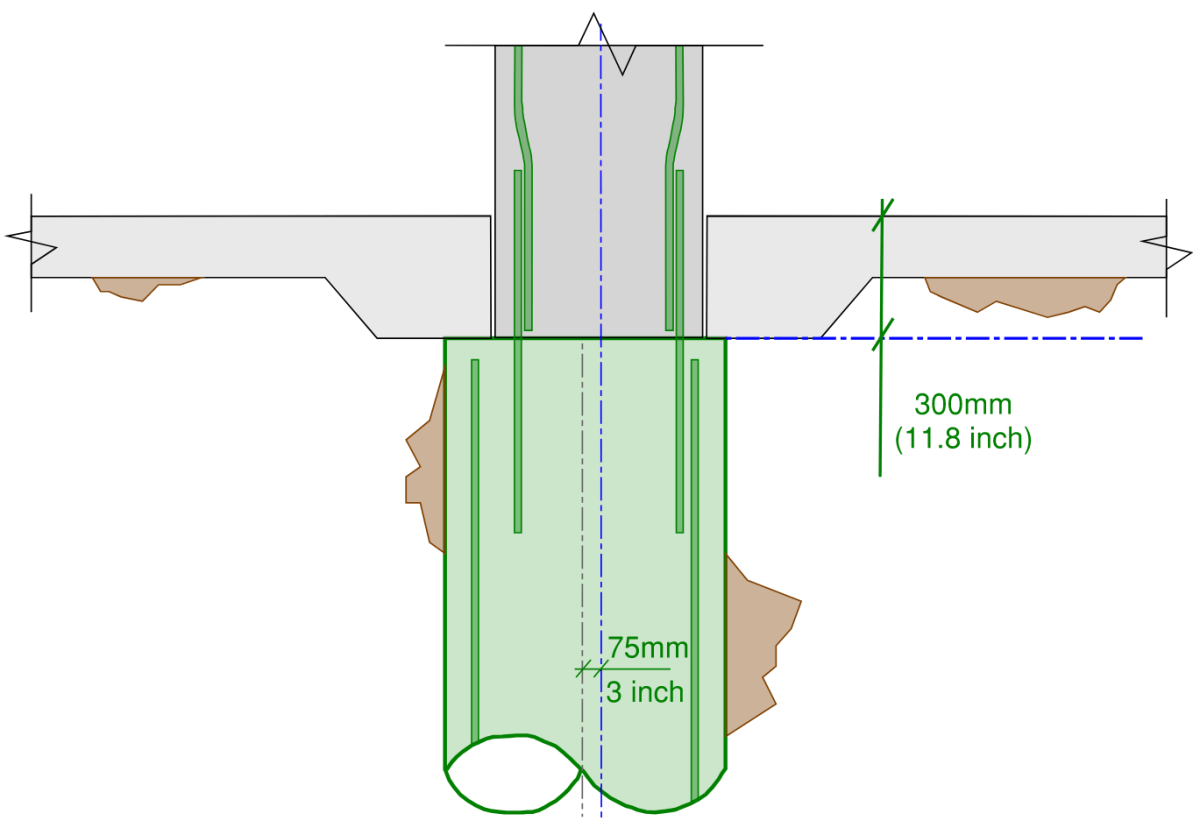 Full detailing for single pile supporting column with no pile cap.  Larger pile diameter and lower pile cut off level caters for both height and position tolerance for the piles construction.