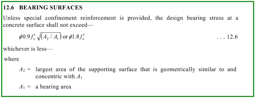 Australian concrete code AS3600 unconfined bearing check clause 12.6