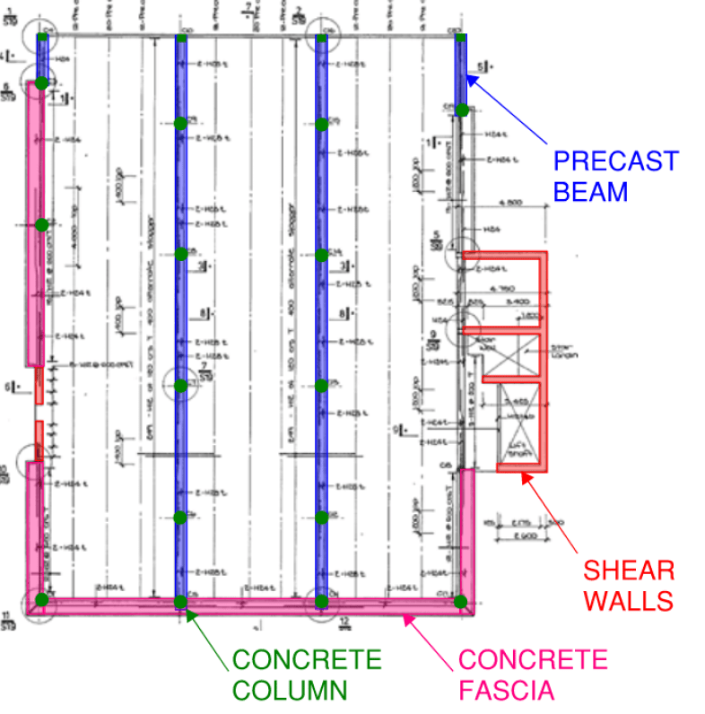 A plan view of the CTV typical floor identify the key structural elements.  This building is used in this article to explain some reasons why buildings collapse due to earthquakes.