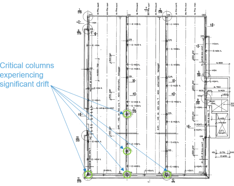 Floor plan of CTV Building identifying critical columns which are susceptible to large lateral rifts which places higher stresses on the beam-column joint.