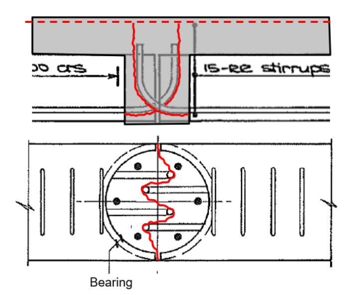Plan view (bottom) and elevation view (top) of the beam joint located at the column (column not indicated for clarity) in the CTV building.  The resultant crack pattern due to in-sufficient reinforcement development for tension is indicated on both views.