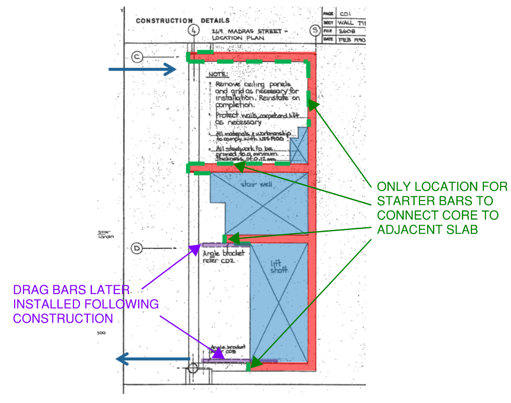 Detail plan view of the building core for the CTV building.  Opportunity for starter bar reinforcement between the walls and slab is shown in a green dashed line (note very little opportunity for connection of slab to wall to the bottom of the image.  Additional drag bars indicated in purple which were later added before the first tenant moved into the building.  Insufficient connection between the slab and core was found to be a possible reason why the building collapsed due to the earthquakes.