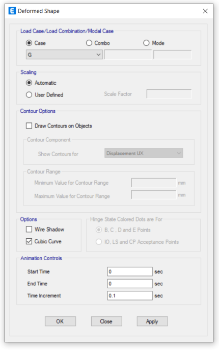 Deformed shape dialogue box within ETABS where you can chose the deflected shape you wish to view.