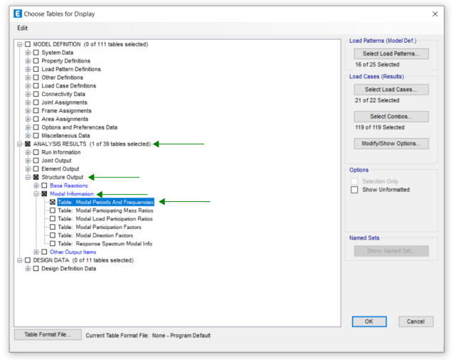 Table display dialog box from ETABS indicating how to navigate to modal periods for your model