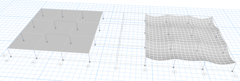 Side by side comparison of deflected shape between a shell vs membrane (shell on the right). Notice that the membrane doesn't give a deflected shape, this is because its theoretical deflections infinite considering it has zero out of plane bending stiffness. Instead ETABS uses tributary area algorithms to distribute the load to the support columns.