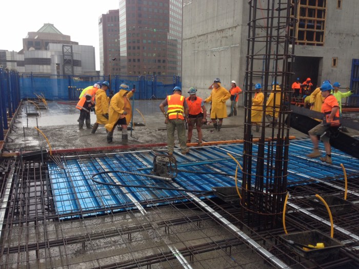Unforeseen weather events can cause a construction joint in slabs to be introduced at short notice such as this example here on a post-tensioned slab pour.