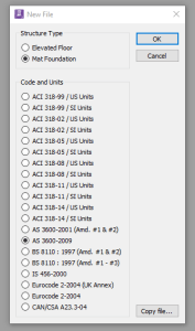 When starting a new footing design in RAM Concept, navigating to File>>New will generate this dialog box