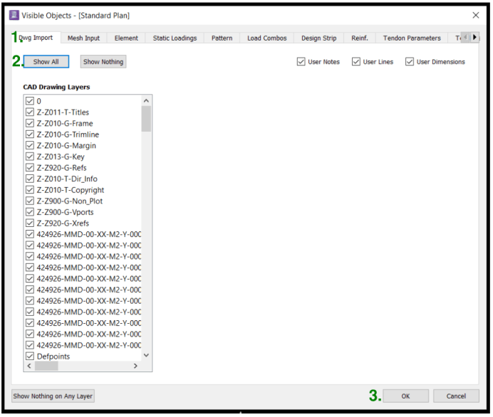 Screen shot from RAM Concept illustrating how to make an imported CAD background visible on any given layer.