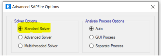 Advanced SAPFire Options dialog box in ETABS. The solver type you choose from determines how hard it will be to track down where your structure is unstable or ill-defined.