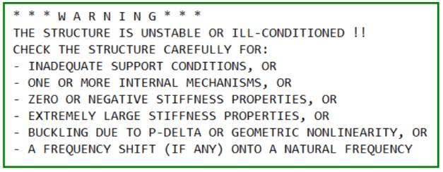 The dreaded error warning message from ETABS "structure is unstable or ill-conditioned". This is from an example model, the error log can be found in the same location as the model file once the analysis is completed.