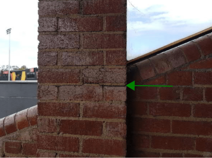 Example of a horizontal crack within a brick pier.  it was found that this crack was caused by the brick pier bending or bowing.  The top portion of the pier had been pushed outwards (into the direction of your computer, tablet or phone screen)