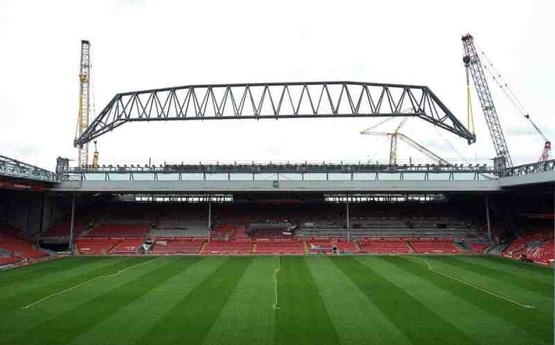 Anfield stadium redevelopment in the UK, one of the roof trusses being lifted into place (Home of the Liverpool FC)