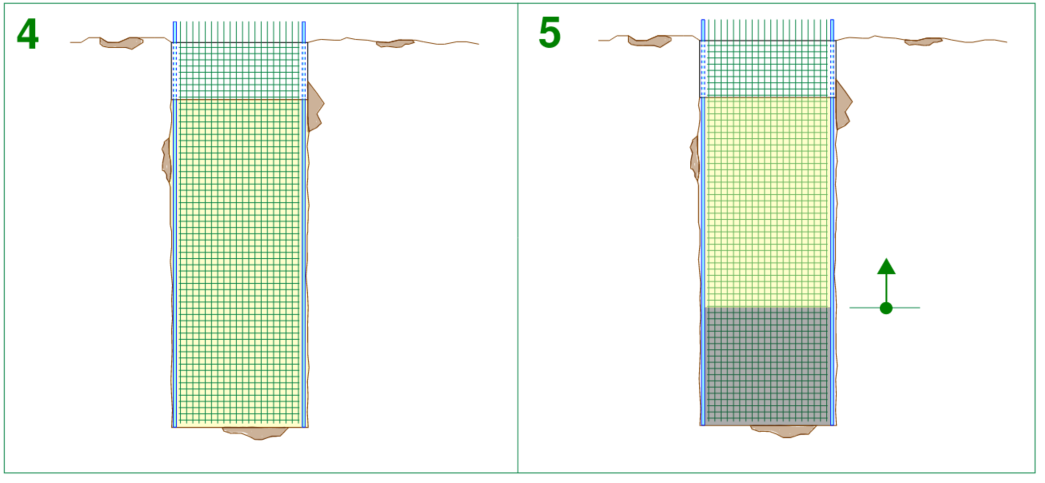 This image illustrates construction sequence stage for for construction of a D-wall. the guide walls are constructed, shown on the right is a corresponding cross section indicating the general detailing of these walls.