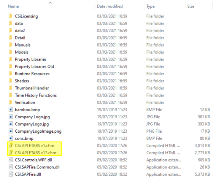 this image illustrates a highlight of the location where the API help folders are locate for ETABS