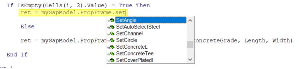 This image illustrates a screen grab of the VBA editor showing the code helper in action, it shows predictive text to assist in completing lines of code