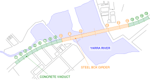 Overall plan view of the West Gate Bridge Structure indicating the concrete viaduct portion and the steel box girder portion spanning over the Yarra River.