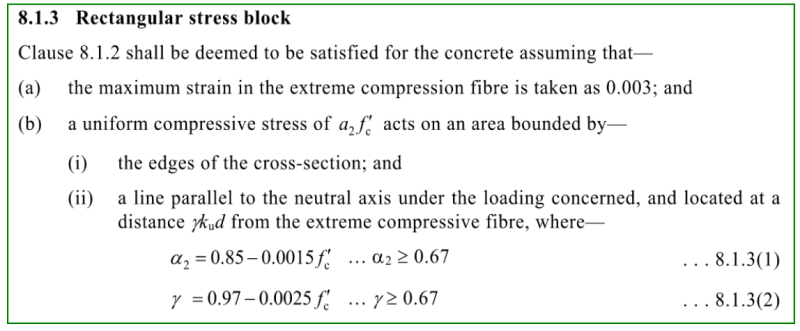 Clause 8.1.3 from AS3600-2018 indicating deemed to comply guidelines for stress block in bending design.
